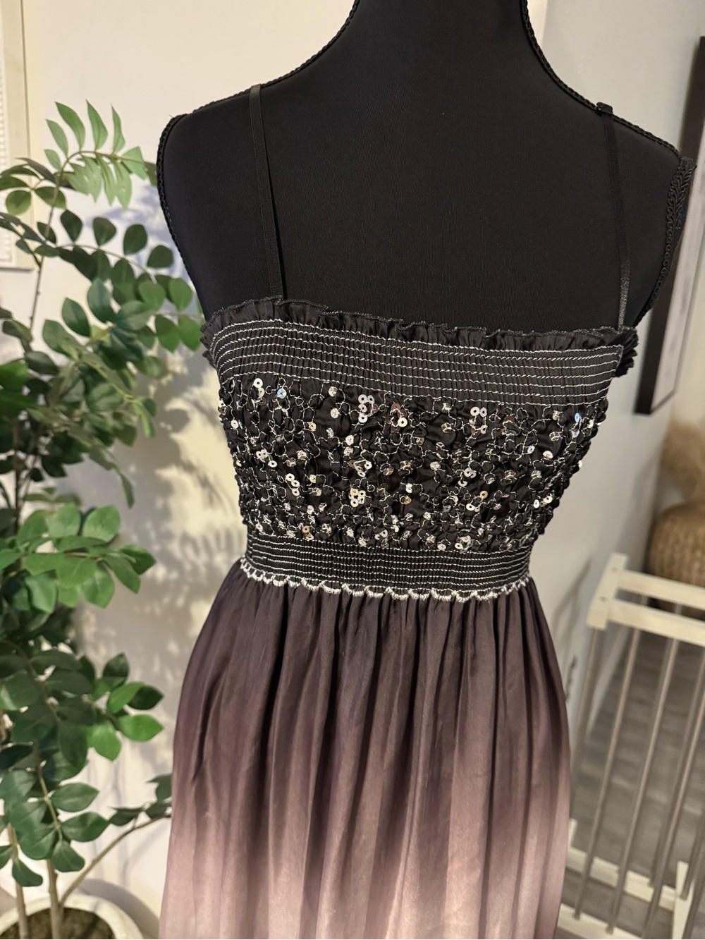 VTG Yag Couture Black to Taupe Ombre Strap Dress with Beaded Bodice